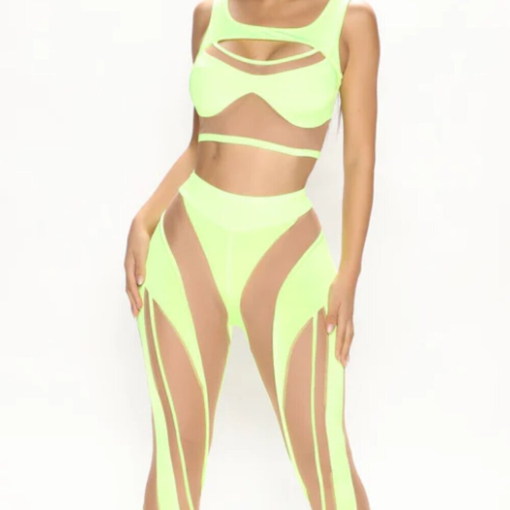Fashion Nova sheer legging set neon green size xs